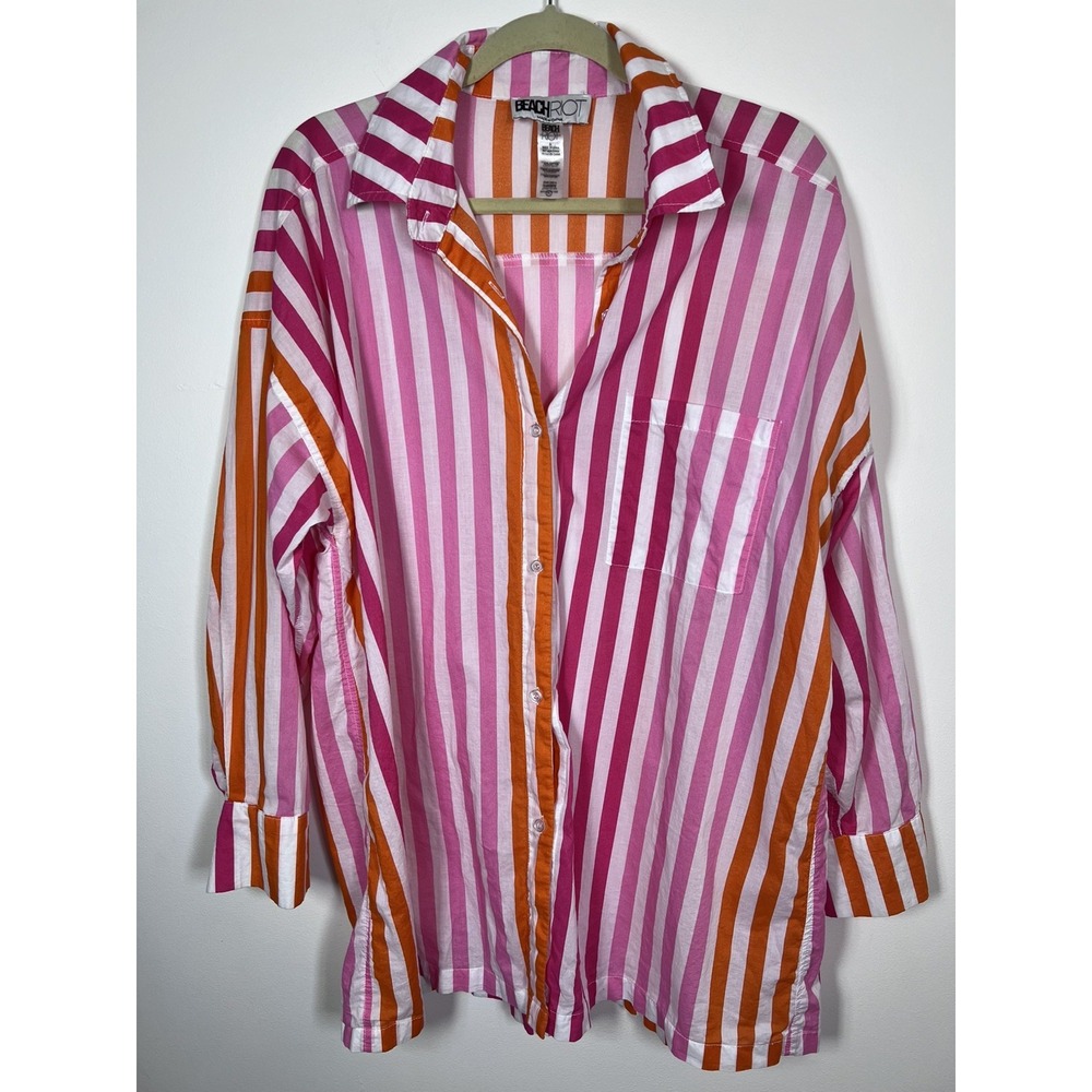 Beach Riot Oversized Striped Button Shirt Pink Orange Cotton Beach Cover Up PL